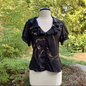 Lauren Ralph Lauren Brushstroke Silk Blouse Size 8 Black and Gold